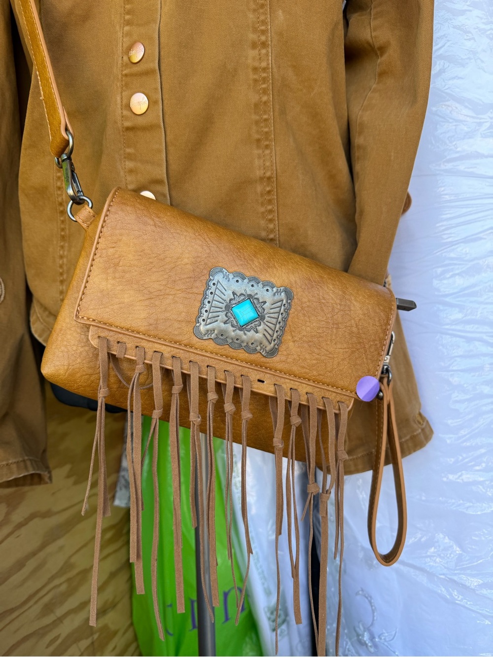 Wrangler Tan Fringe Crossbody with Turquoise Accent and Silver Concho